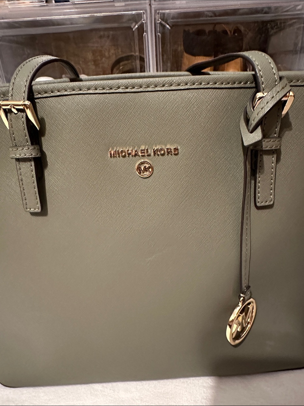 Michael Kors Olive Saffiano Leather Tote with Gold Accents - Picture 6 of 16